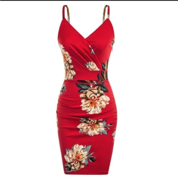 Curlbiuty Dresses & Skirts - Curlbiuty Red Floral Bodycon Ruched Surplice Neck Knee Length Stretch Dress